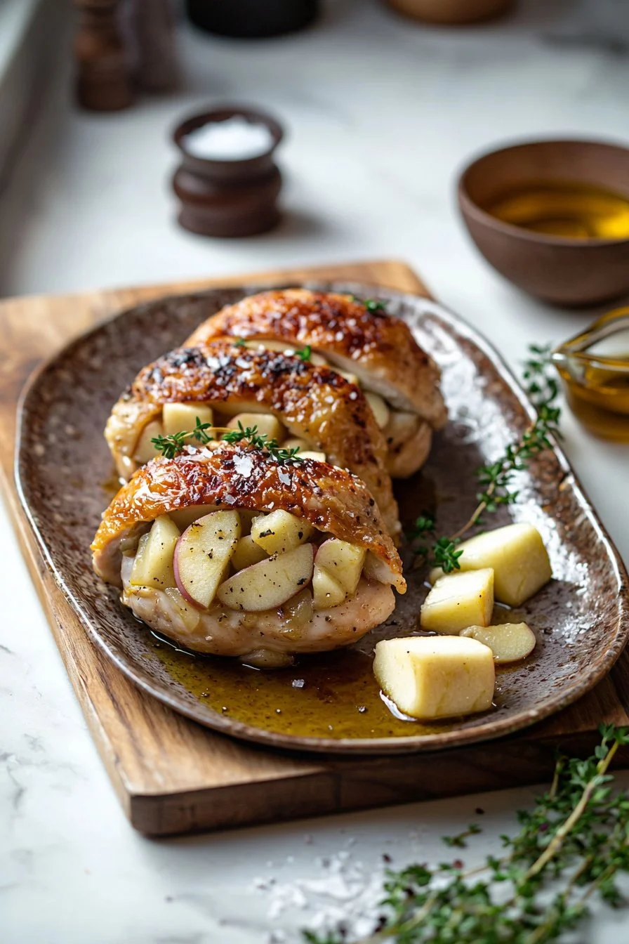 Apfel und Brie gefülltes Hähnchen auf einem eleganten Teller
