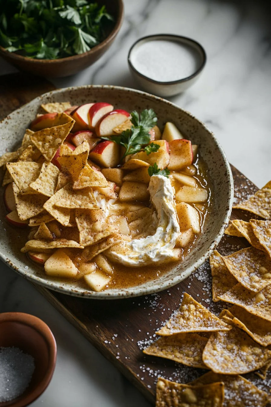 Apfelkuchen-Dip mit Zimt-Zucker-Chips in einer Servierschüssel