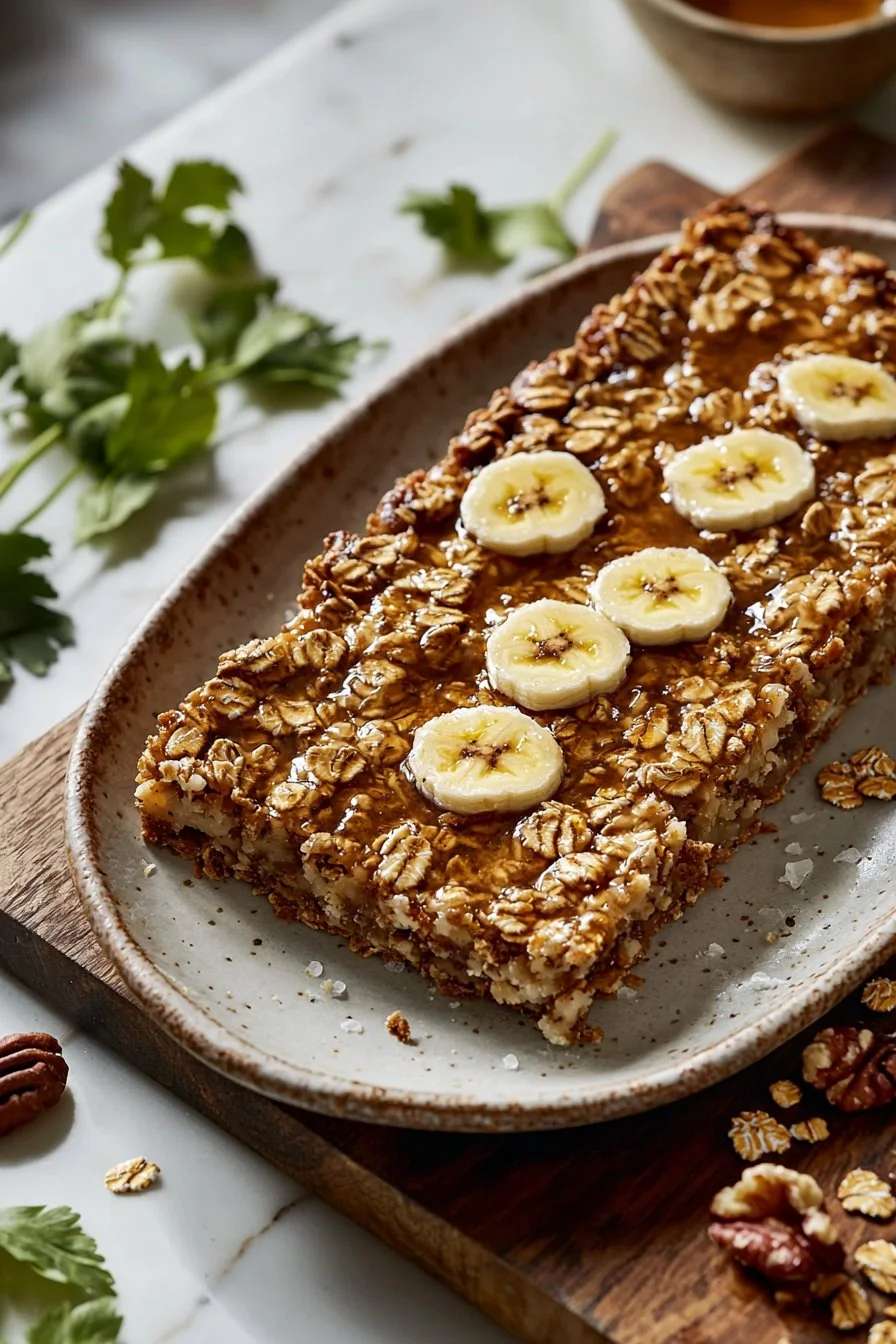 Bananen-Haferflocken-Riegel auf einem Teller, gesundes Snack-Rezept.