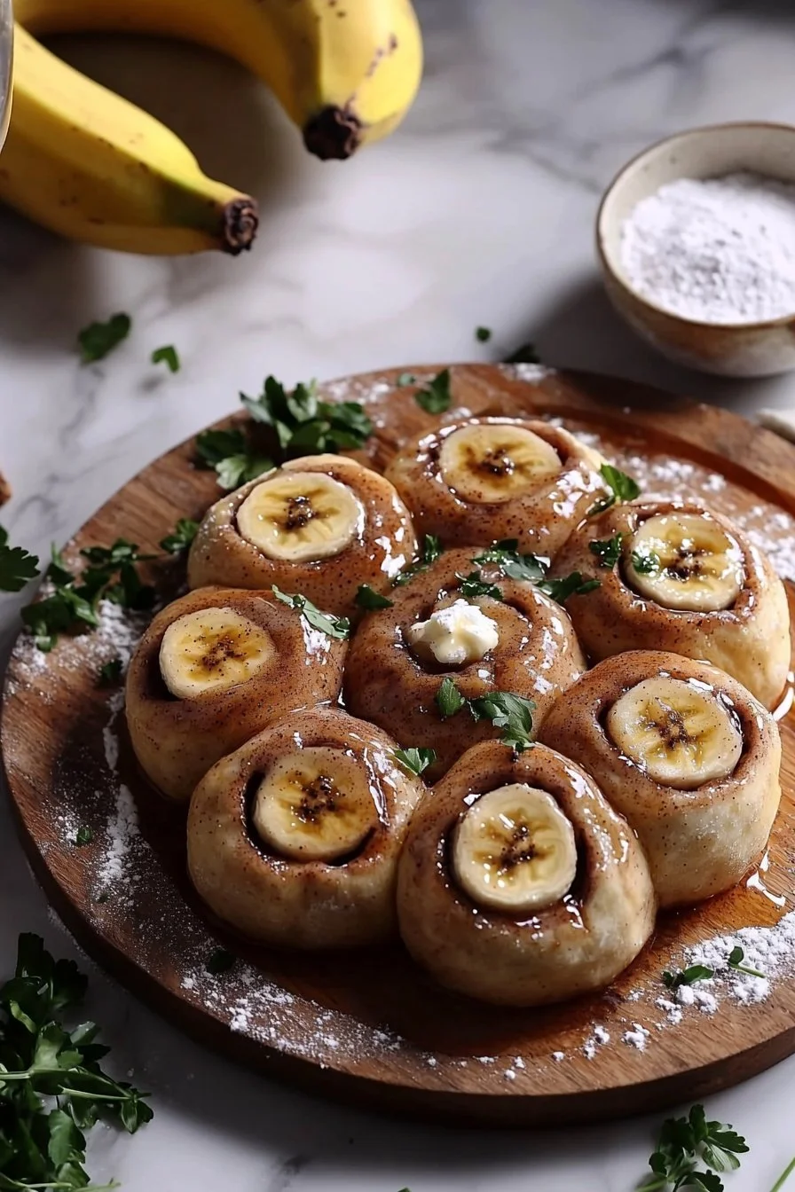 Leckere Bananen-Zimt-Schnecken frisch gebacken auf einem Teller.