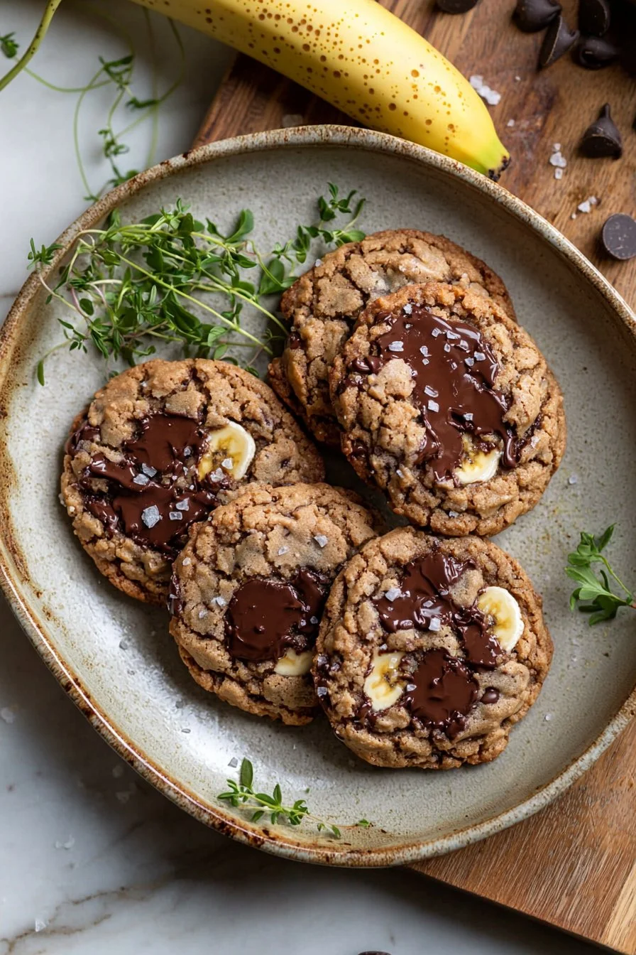 Bananenbrot-Schokoladenkekse auf einem Tisch angerichtet