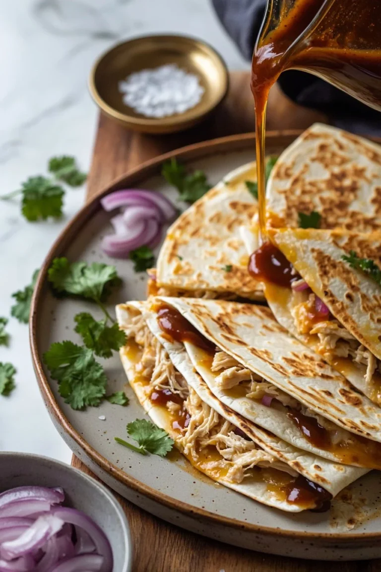 Leckere BBQ-Hühnchen-Quesadilla mit geschmolzenem Käse und frischen Zutaten