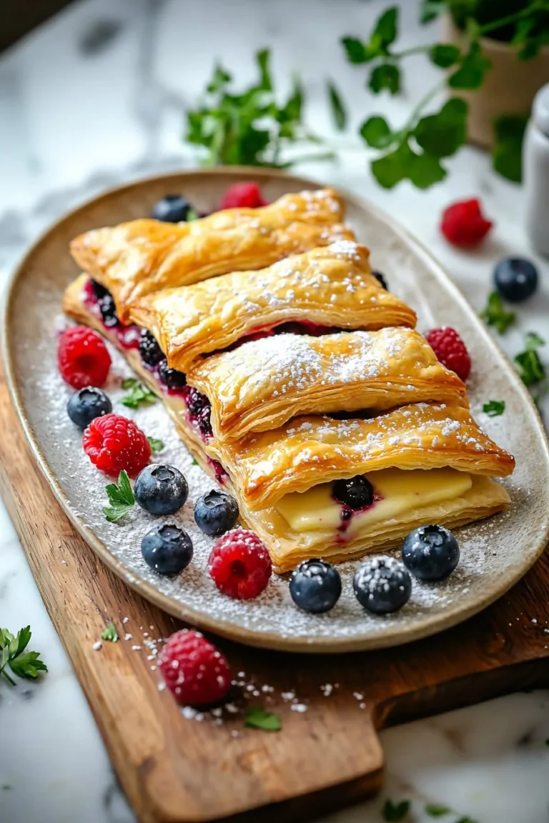 Frisch gebackene Beeren-Custard-Teilchen mit bunten Früchten und Sahne.
