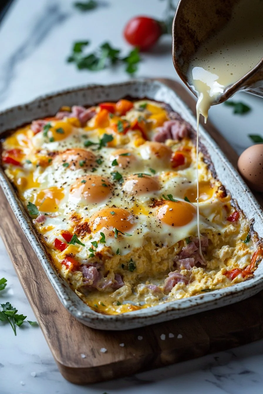 Beladener gebackener Eierauflauf, köstliches Rezept für ein herzhaftes Gericht.