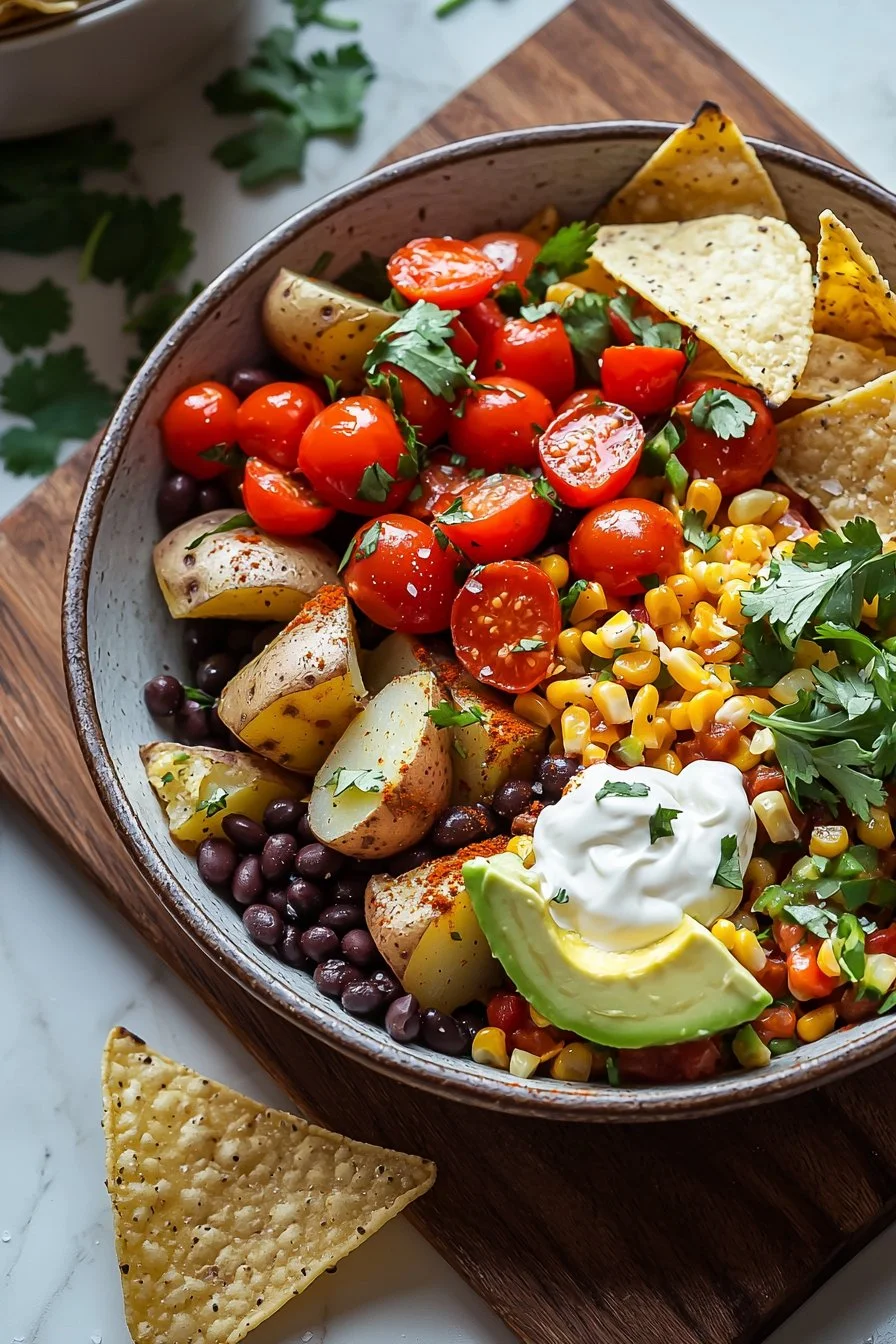 Beladene Kartoffel-Taco-Schüssel mit frischen Zutaten und Aromen