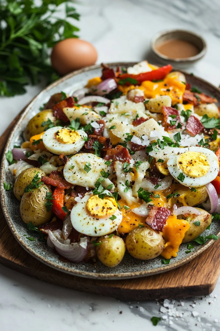 Beladenes Frühstücks-Hash mit Eiern, Gemüse und Kartoffeln auf einem Teller