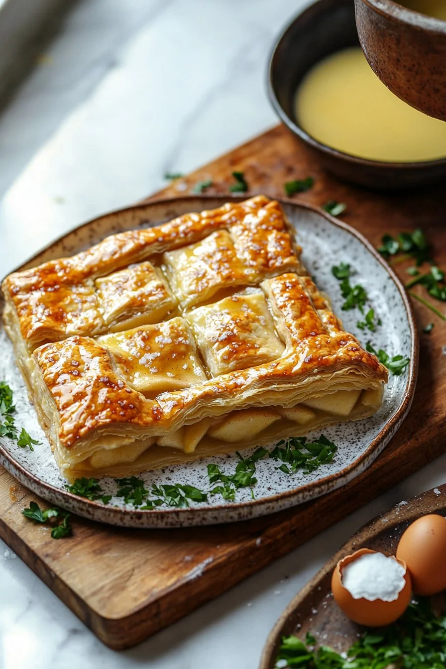 Leckere Portion Blätterteig-Apfelkuchen auf einem Teller