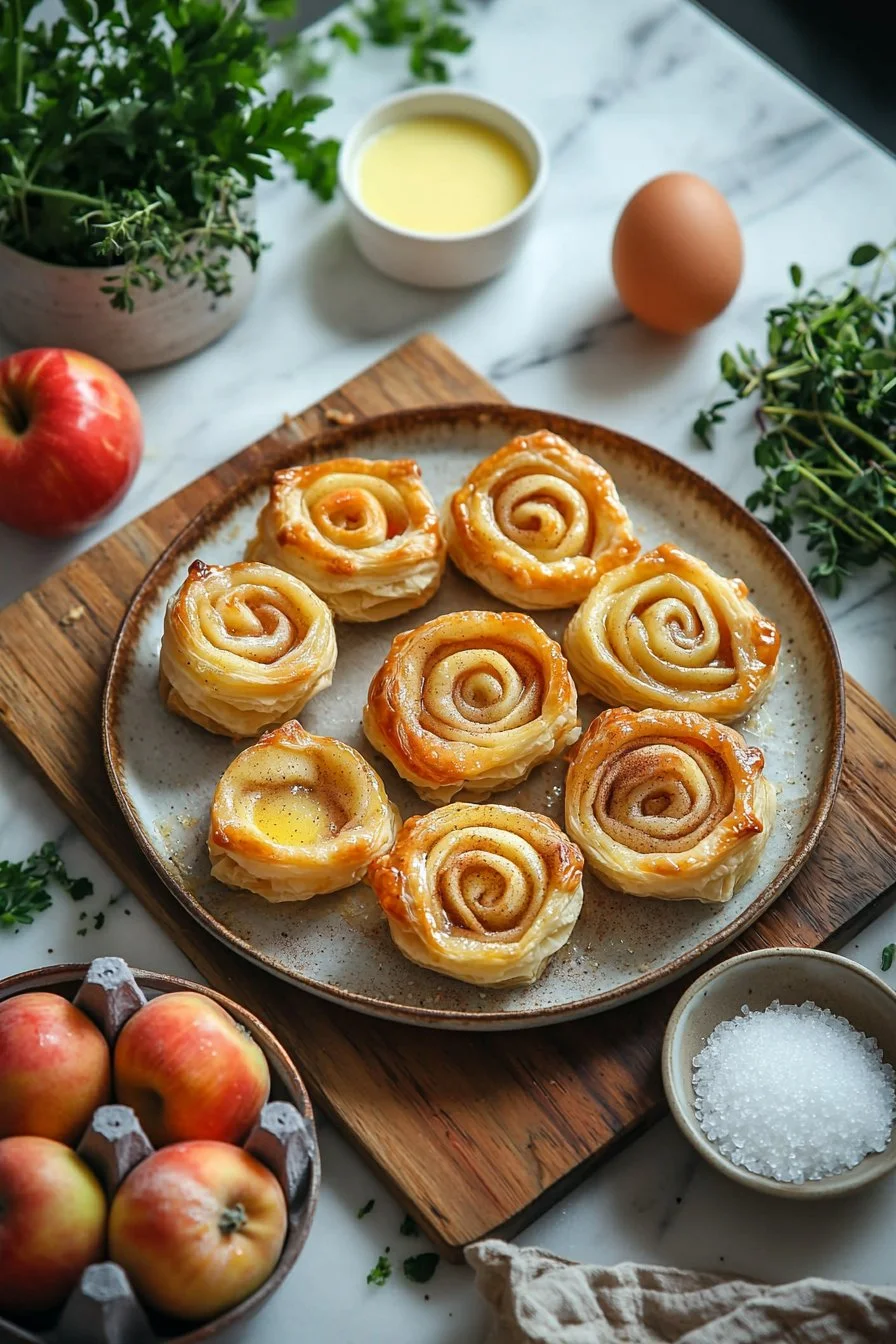 Leckere Blätterteig-Apfelrosen mit frischen Äpfeln und Zimt.