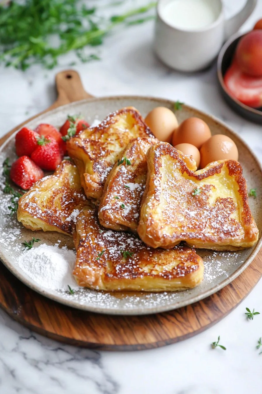 Blätterteig-Französischer Toast mit Früchten und Puderzucker.