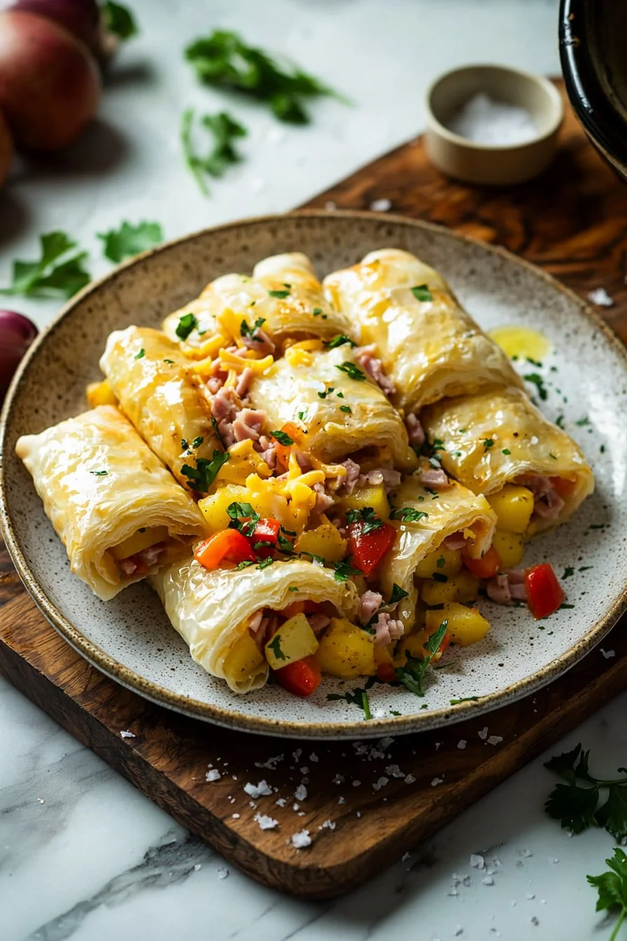 Leckere Blätterteig-Frühstücksburritos auf einem Teller