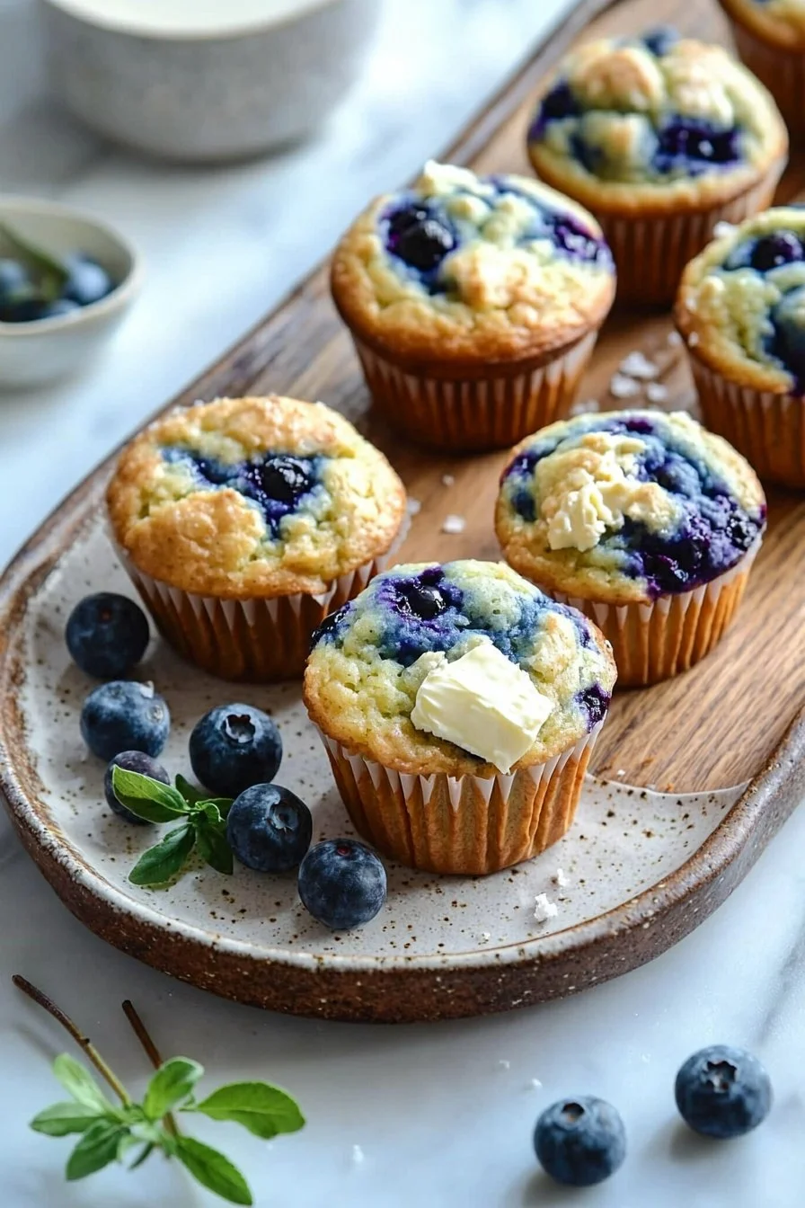 Frisch gebackene Blaubeer-Frischkäse-Muffins auf einem Teller