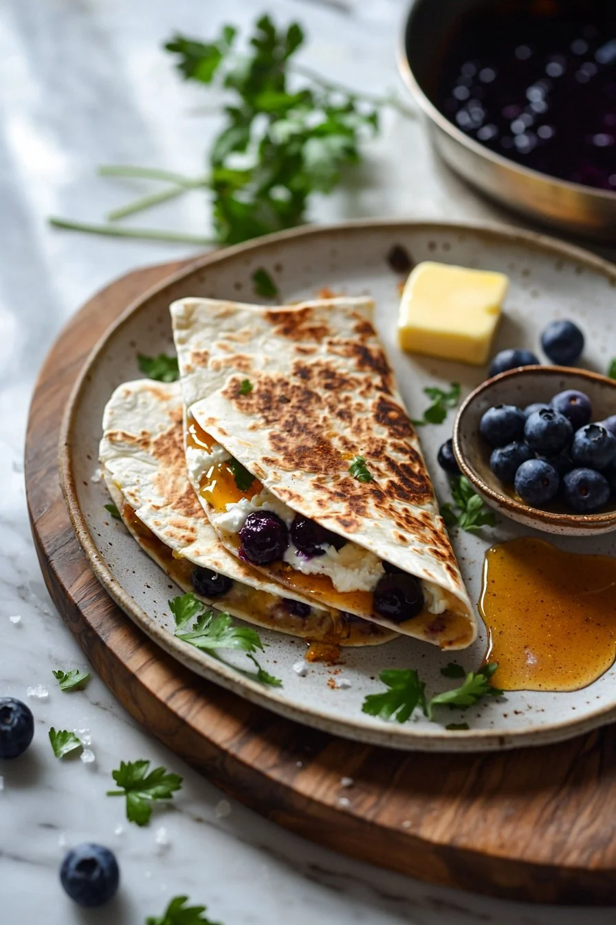 Blaubeer-Frühstück-Quesadilla serviert mit frischen Blaubeeren und Käse.