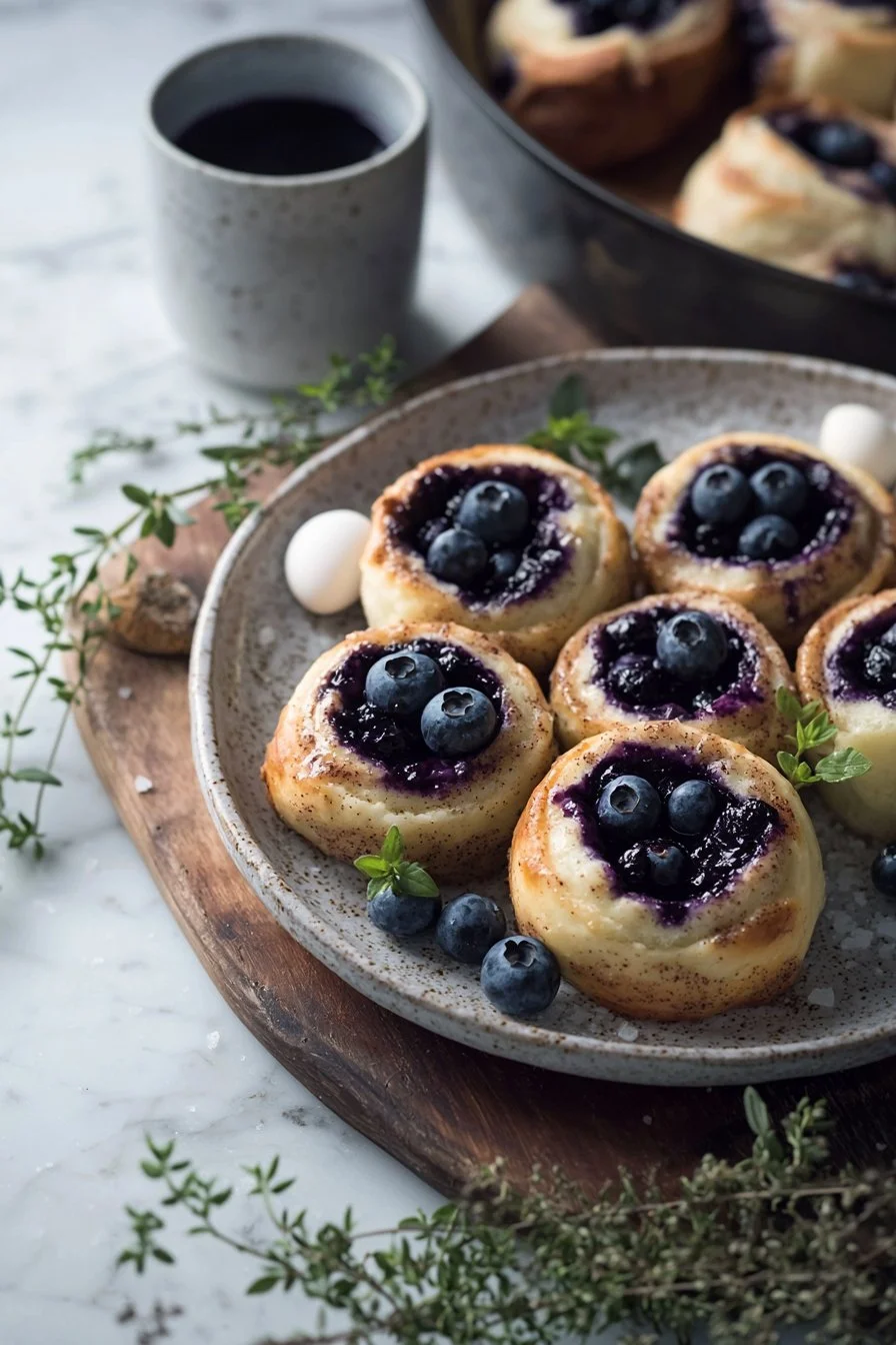 Leckere selbstgemachte Blaubeer-Zimtschnecken mit Zimt und frischen Blaubeeren.
