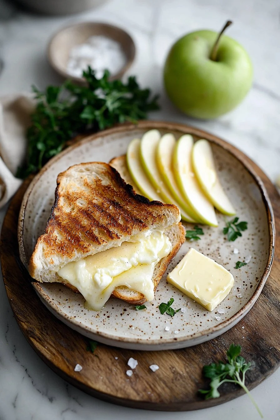 Gegrilltes Käse-Sandwich mit Brie und Apfel, knusprig und lecker.