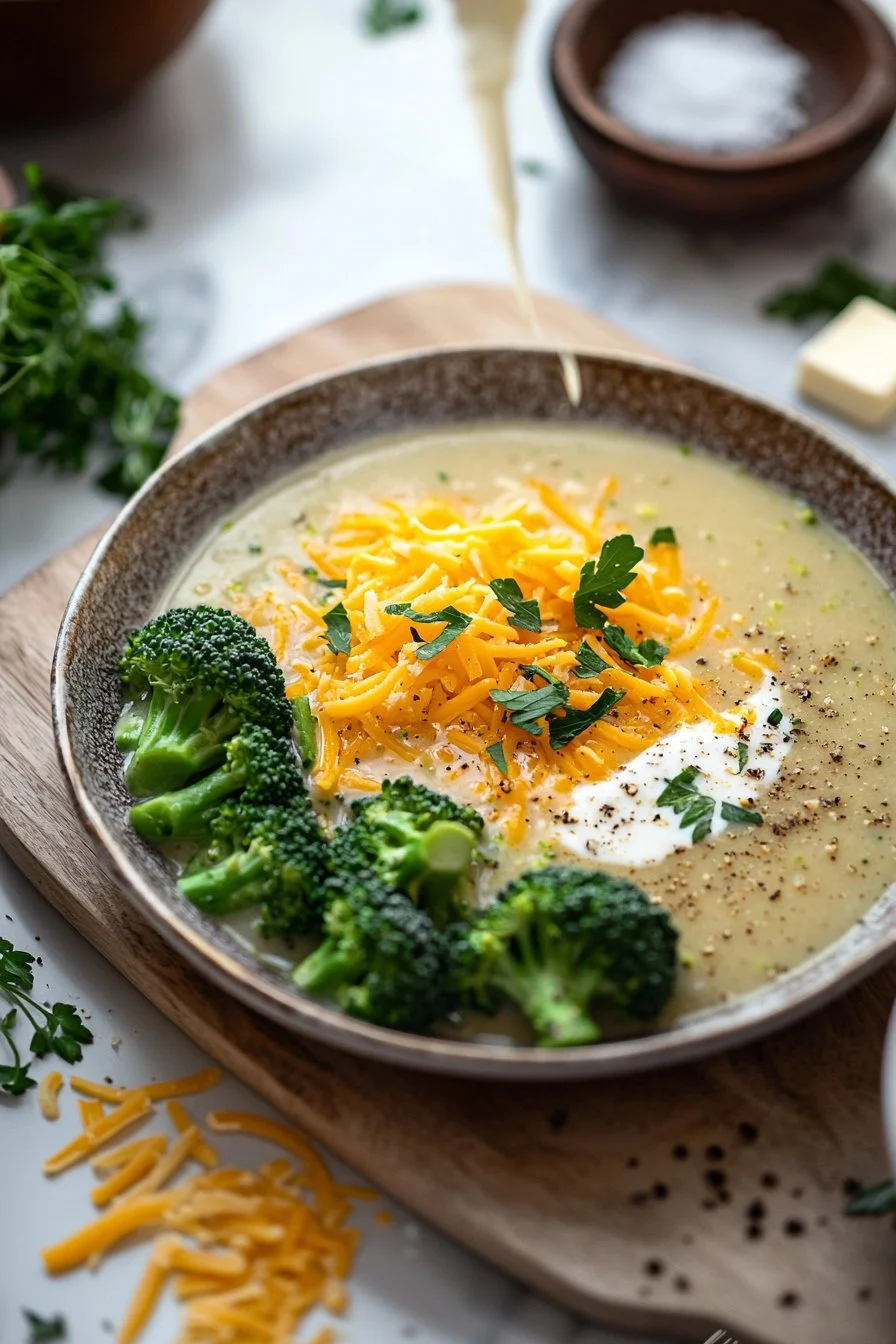 Schüssel mit cremiger Brokkoli-Cheddar-Suppe, garniert mit frischem Käse.