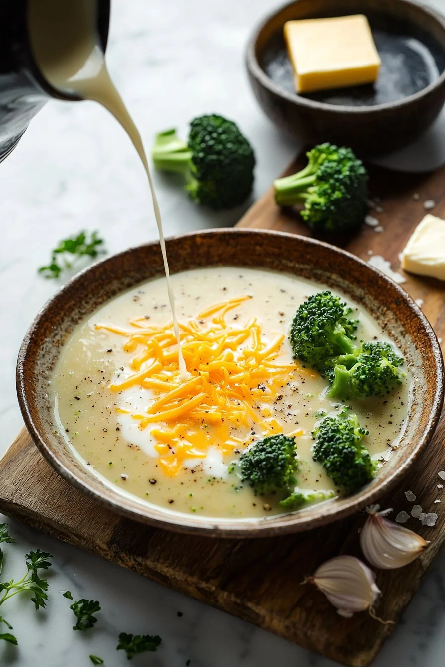 Cremige Brokkoli-Käse-Suppe in einer Schüssel, garniert mit frischem Schnittlauch.