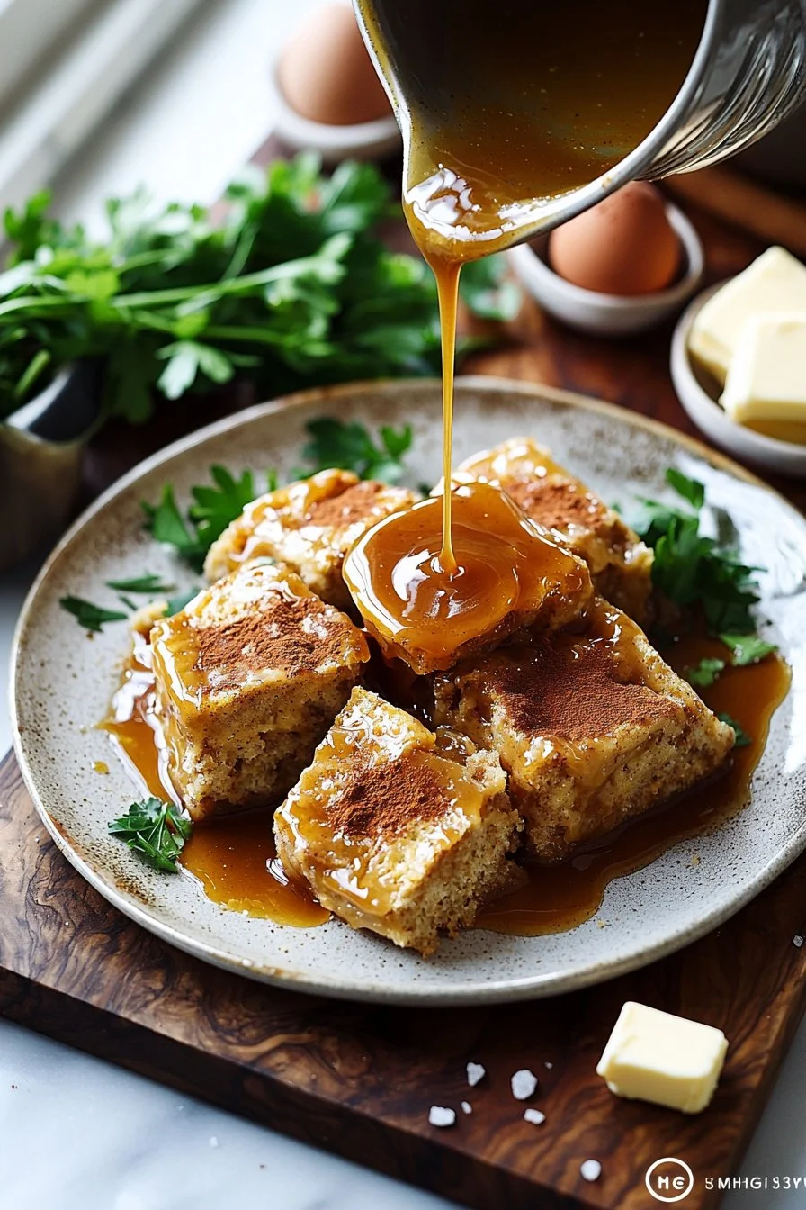 Brotpudding mit Vanille-Karamellsauce auf einem Teller serviert