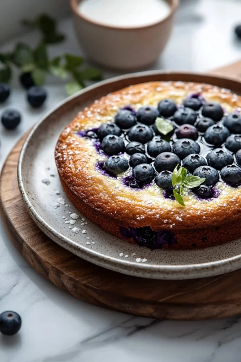 Buttermilch-Blaubeerkuchen auf einem Holzbrett mit frischen Blaubeeren