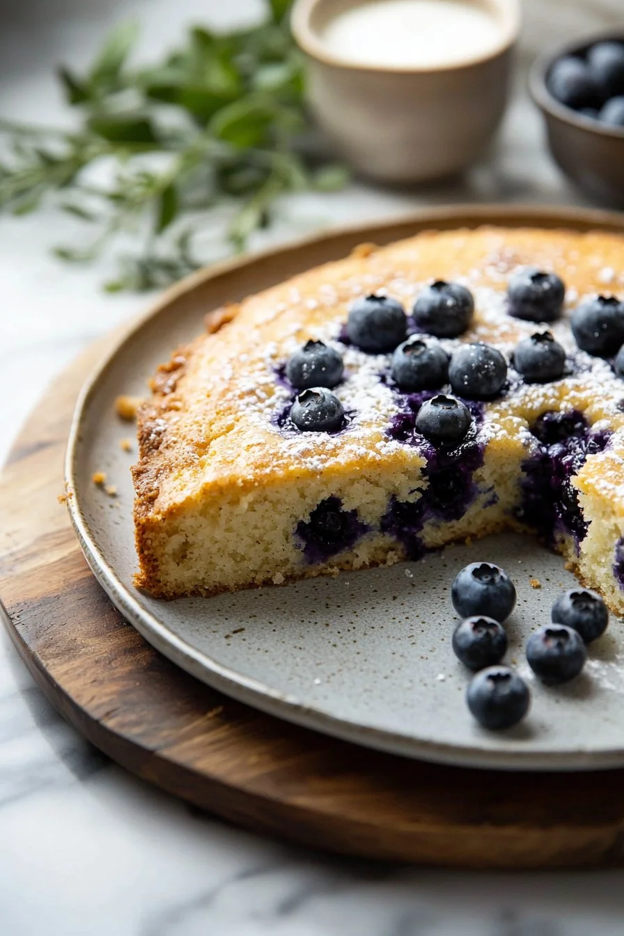 Buttermilch-Heidelbeer-Kuchen auf einem weißen Teller mit Heidelbeeren