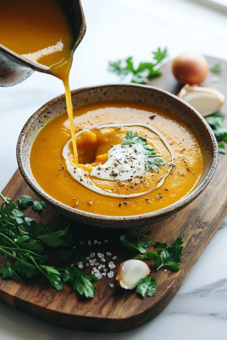 Cremige Butternut-Kürbissuppe in einer Schüssel mit frischen Kräutern garniert.