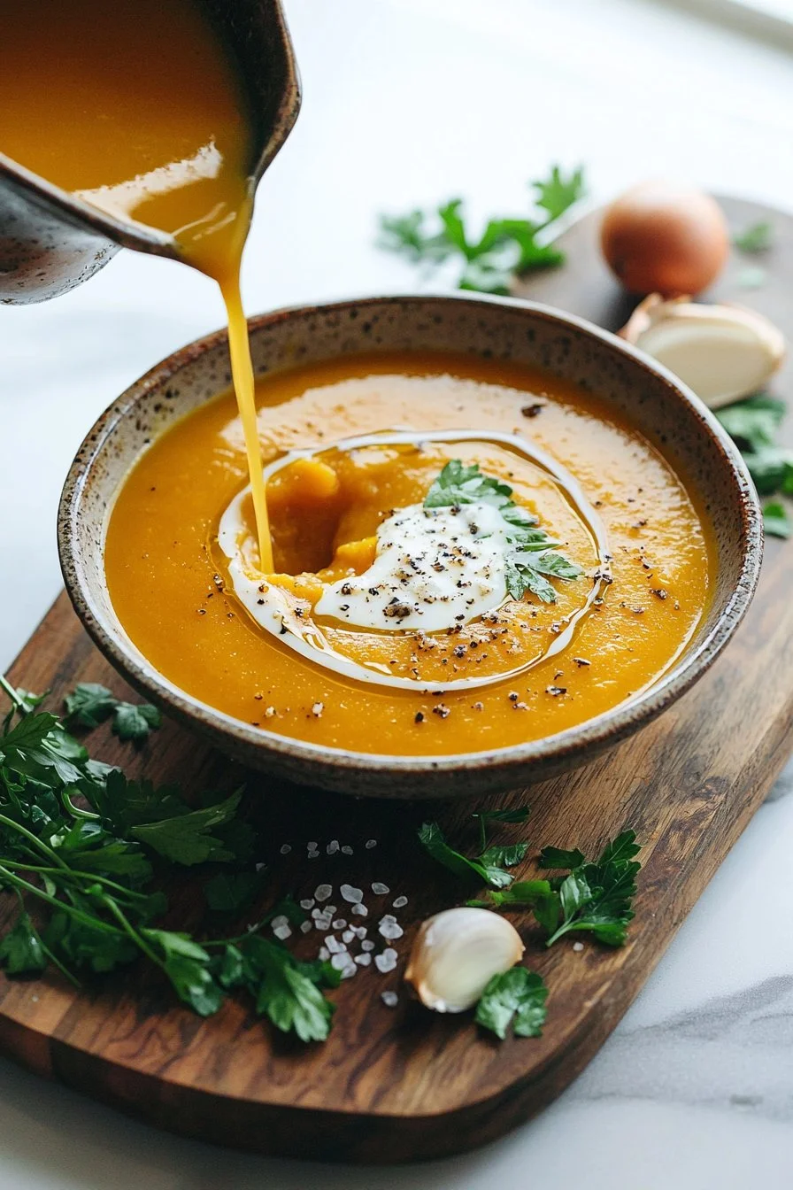 Cremige Butternut-Kürbissuppe in einer Schüssel mit frischen Kräutern garniert.