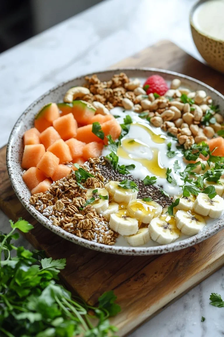 Cantaloupe Smoothie Frühstücks-Smoothie-Schüssel mit frischem Obst und Nüssen