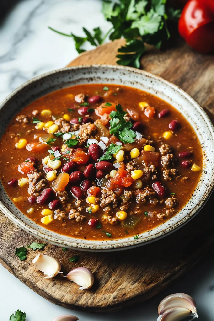 Eine Schüssel leckere Cowboy Suppe mit Gemüse und Bohnen