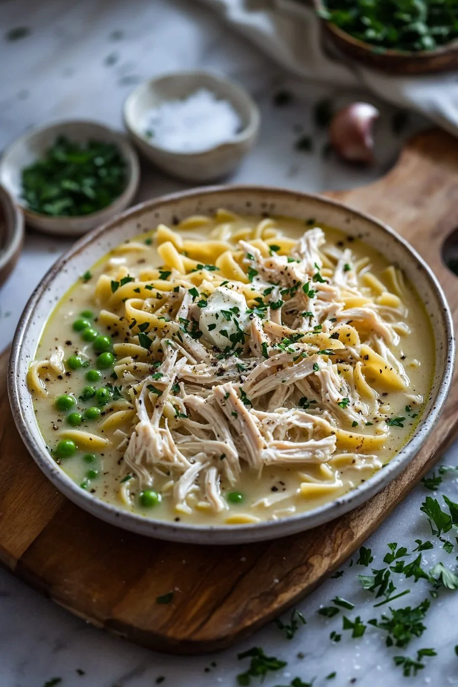 Eine dampfende Schüssel Crack-Hühnchen-Nudelsuppe mit frischen Zutaten.