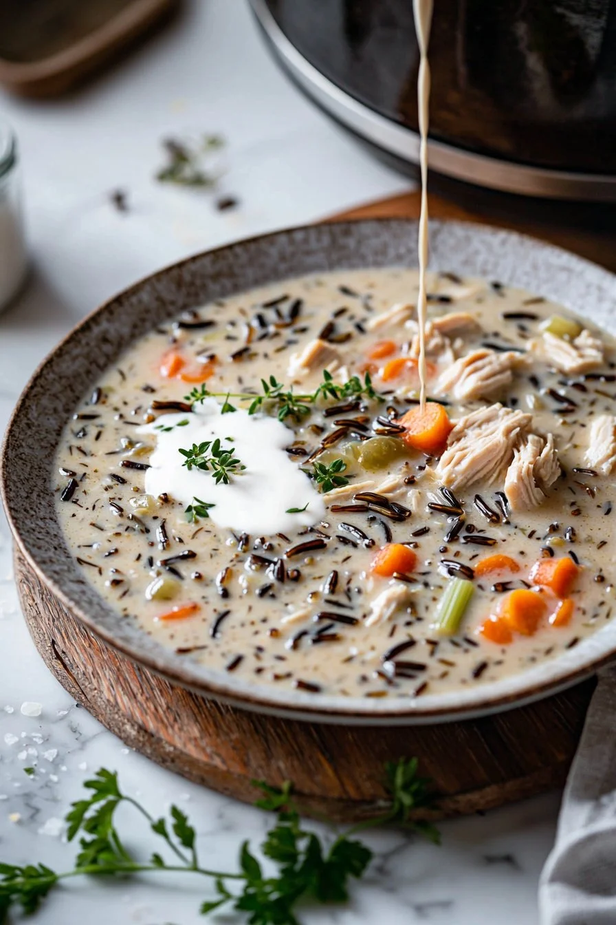 Cremige Crockpot Hühnchen Wildreis Suppe, frisch zubereitet