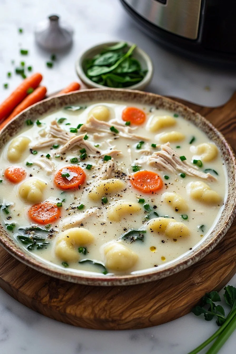Cremige Crockpot Hühner-Gnocchi-Suppe in einer Schüssel serviert