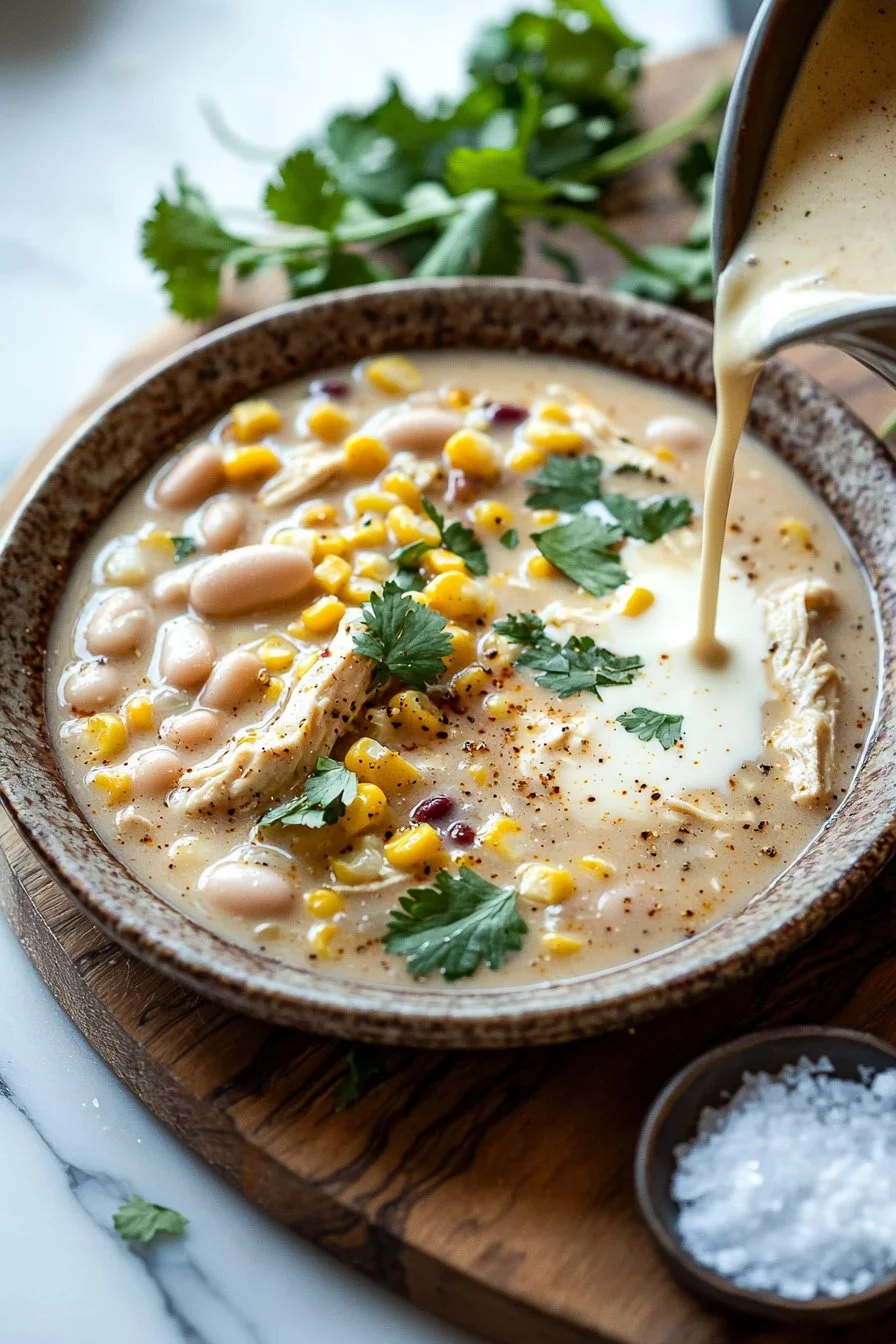 Crockpot Chili mit cremigem weißen Hühnchen in einer Schüssel serviert