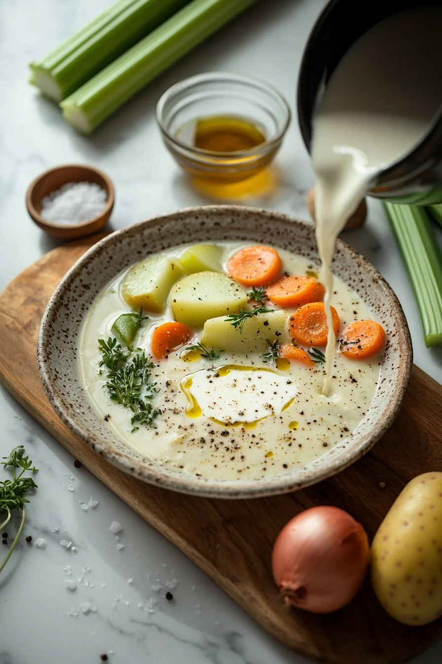 Schüssel mit cremiger Gemüsesuppe, frisch zubereitet und verziert mit Kräutern
