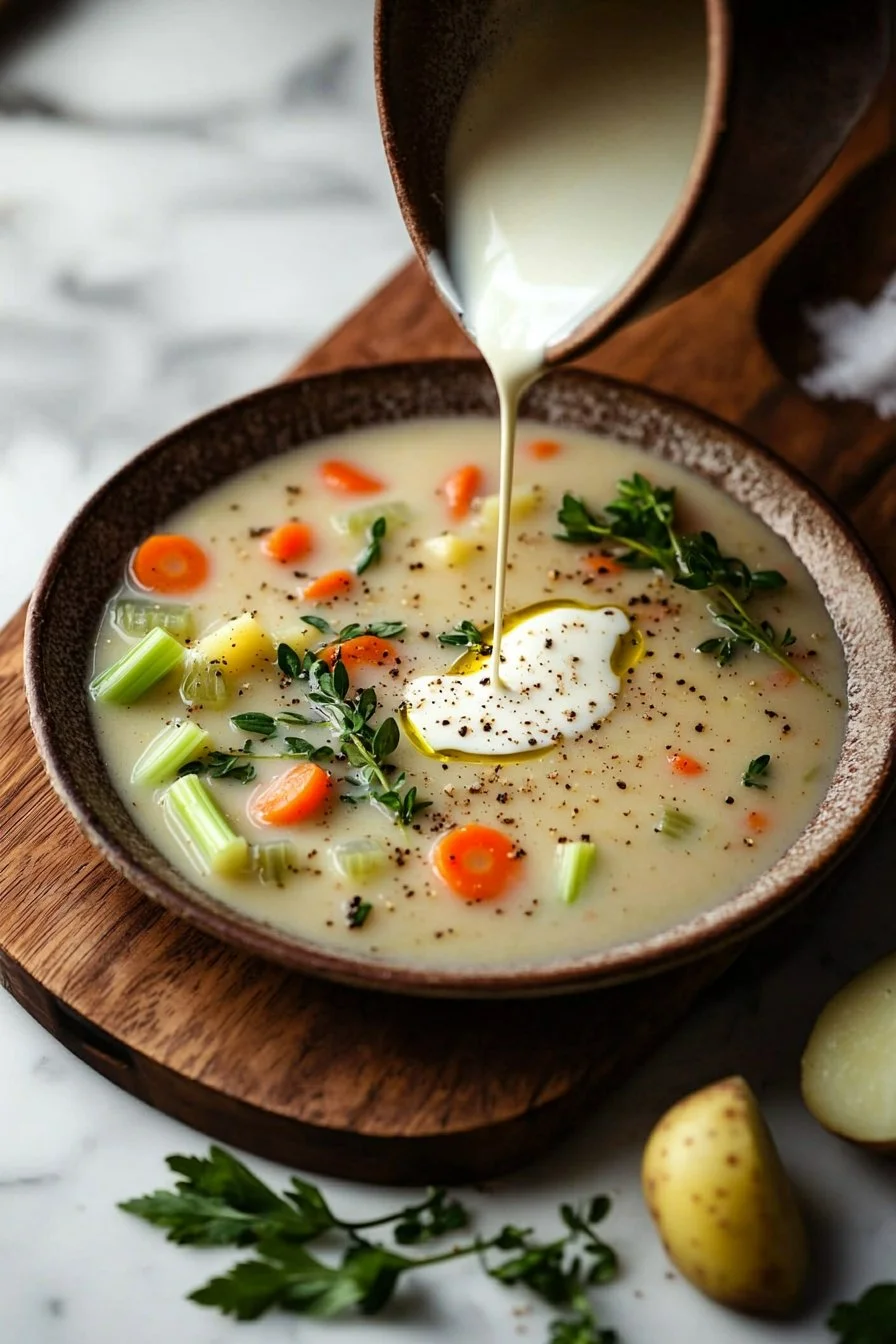 Cremige Gemüsesuppe mit frischem Gemüse in einer Schüssel serviert