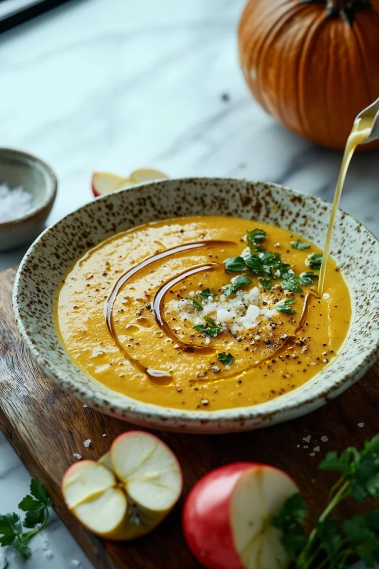 Cremige geröstete Apfel-Kürbis-Suppe mit frischen Äpfeln und Kürbisstücken