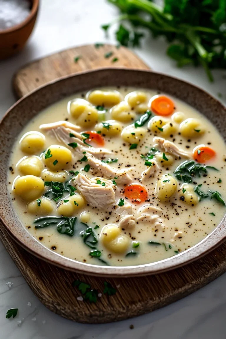 Schüssel mit cremiger Hühnchen-Gnocchi-Suppe, perfekt für kalte Tage