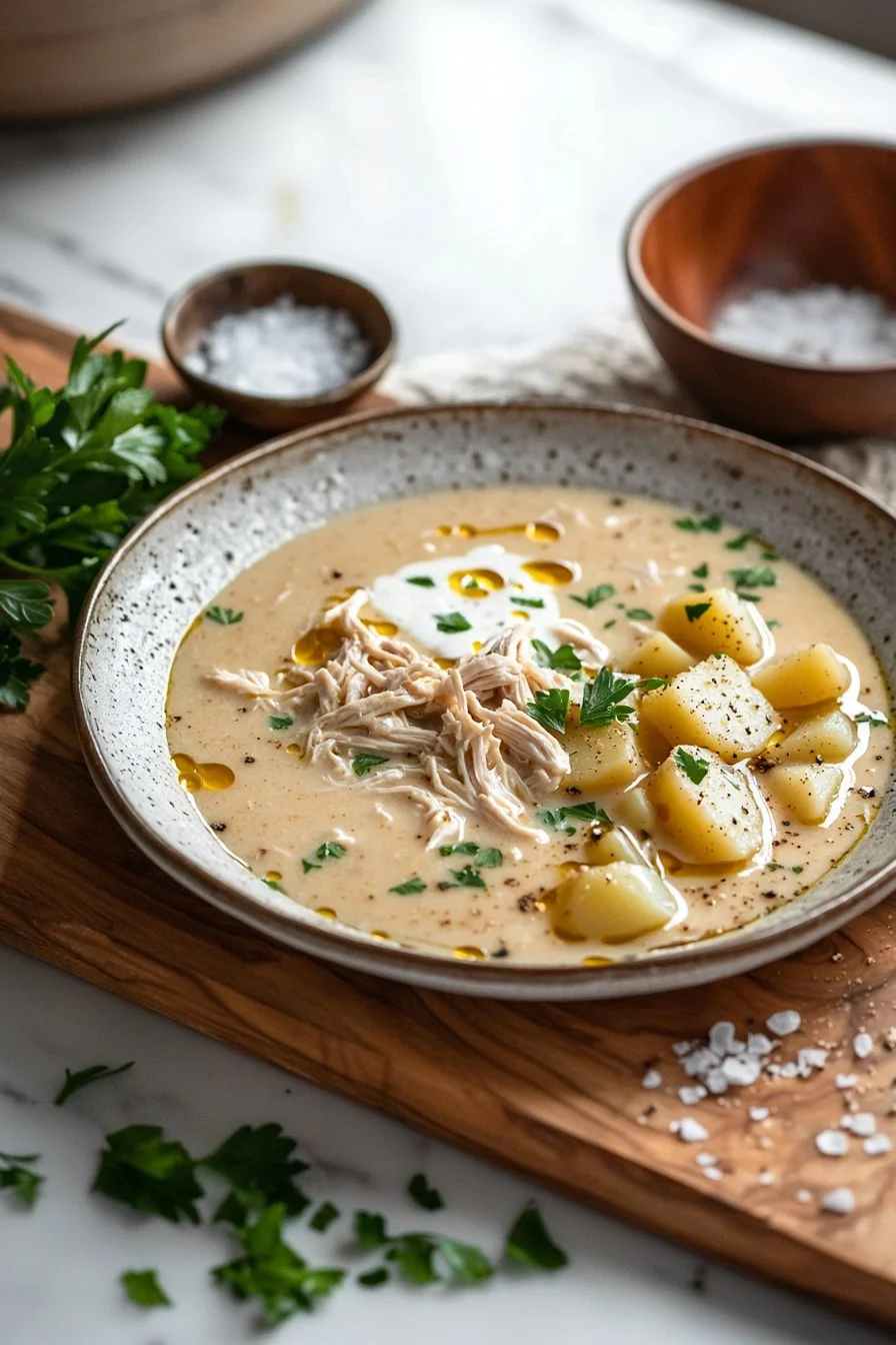Cremige Hühnchen-Kartoffelsuppe in einer Schüssel mit frischen Kräutern garniert.