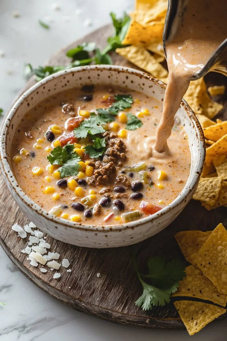 Cremige Rindfleisch-Taco-Suppe in einer Schüssel, garniert mit frischen Kräutern.