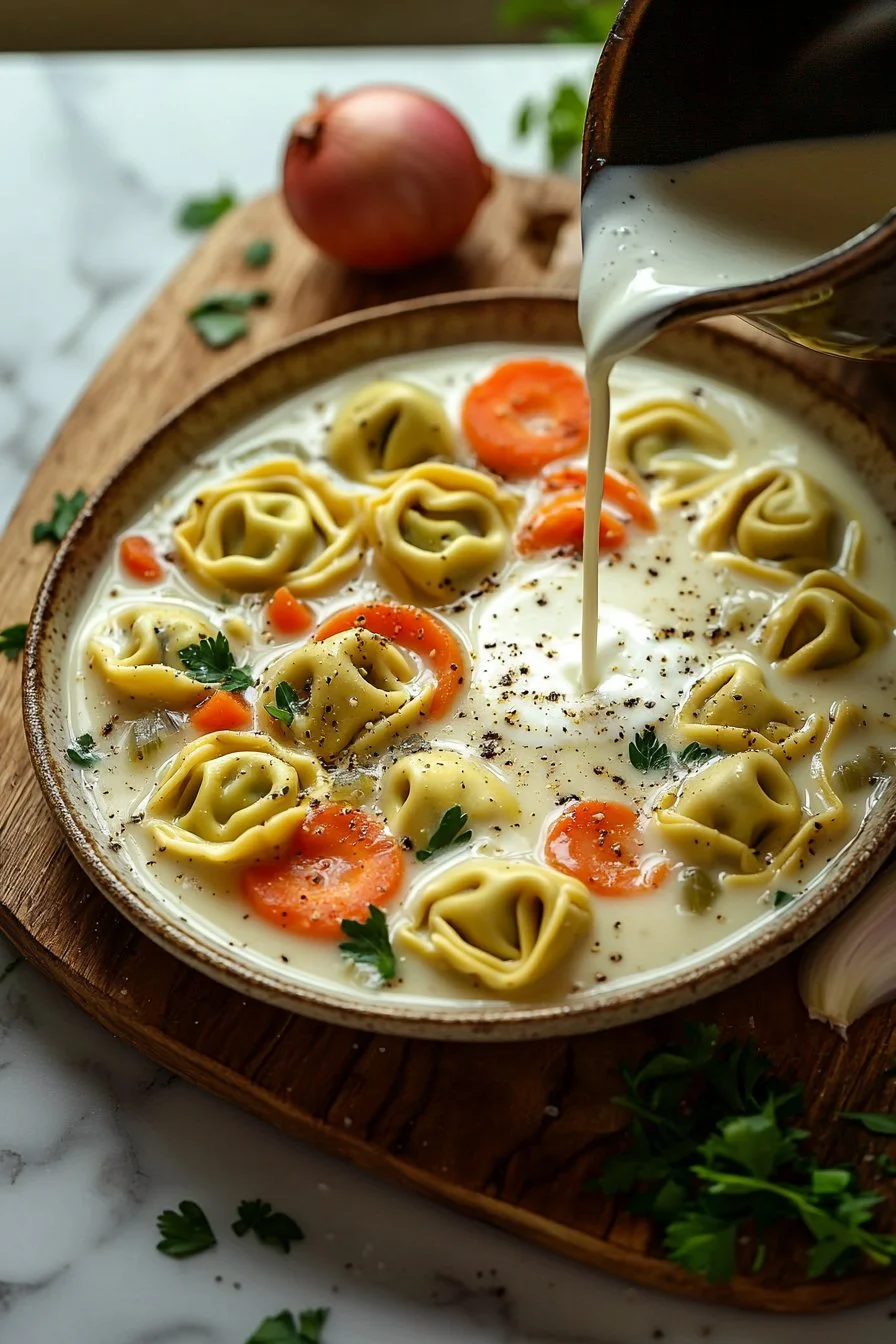 Tortellini-Suppe in einer weißen Schüssel mit frischen Kräutern garniert.