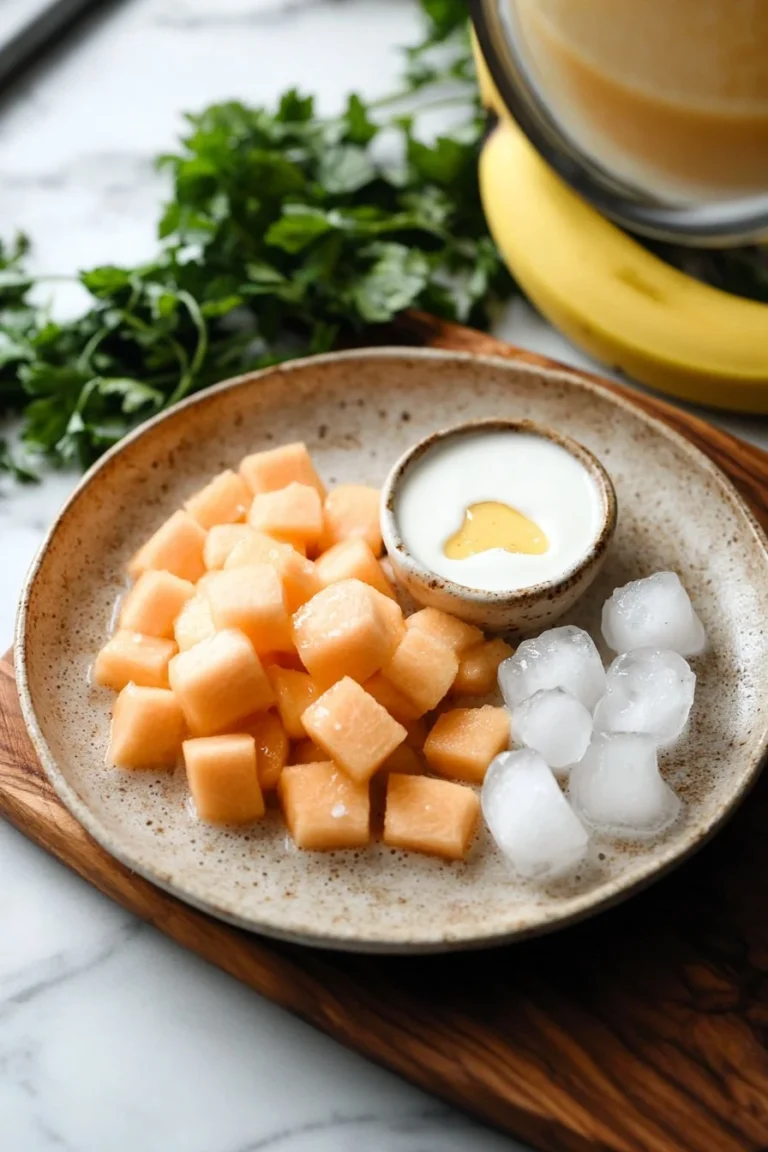 Cremiger Cantaloupe-Smoothie in einem Glas, dekoriert mit melonenstücken