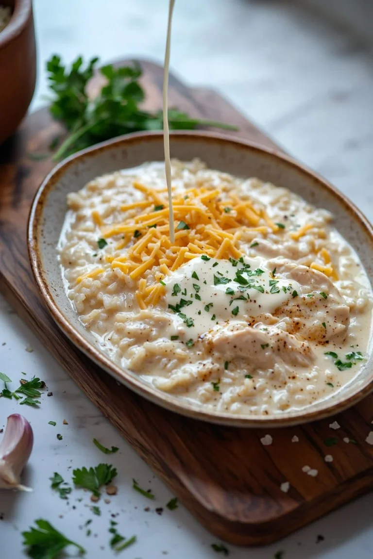 Cremiges Käse-Hühnchen mit Reis auf einem Teller serviert.