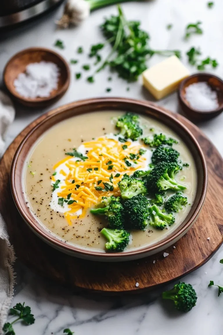 Crock Pot Brokkoli-Käse-Suppe in einer Schüssel mit frischen Zutaten
