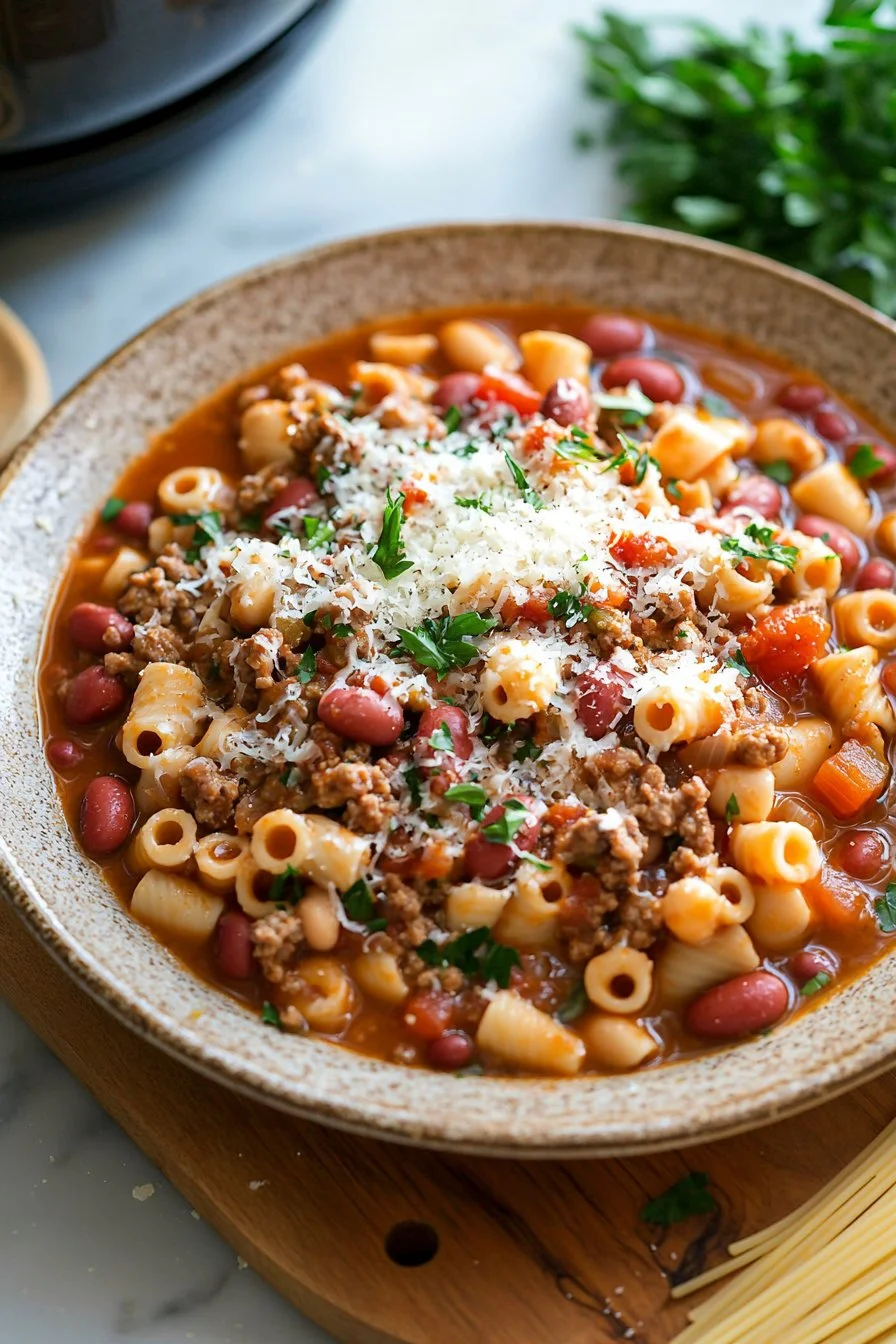 Crock-Pot Pasta Fagioli mit frischen Zutaten serviert
