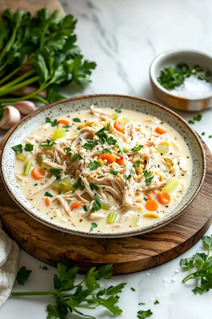 Crockpot cremige Hühnernudelsuppe in einer Schüssel serviert