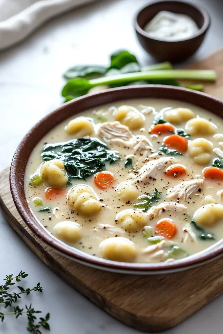Crockpot-Hühnchen-Gnocchi-Suppe in einer Schüssel, serviert mit frischen Kräutern