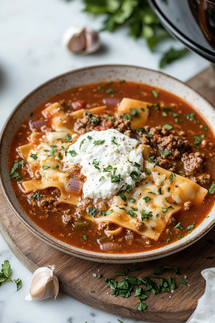 Crockpot-Lasagne-Suppe in einer Schüssel mit frischen Kräutern