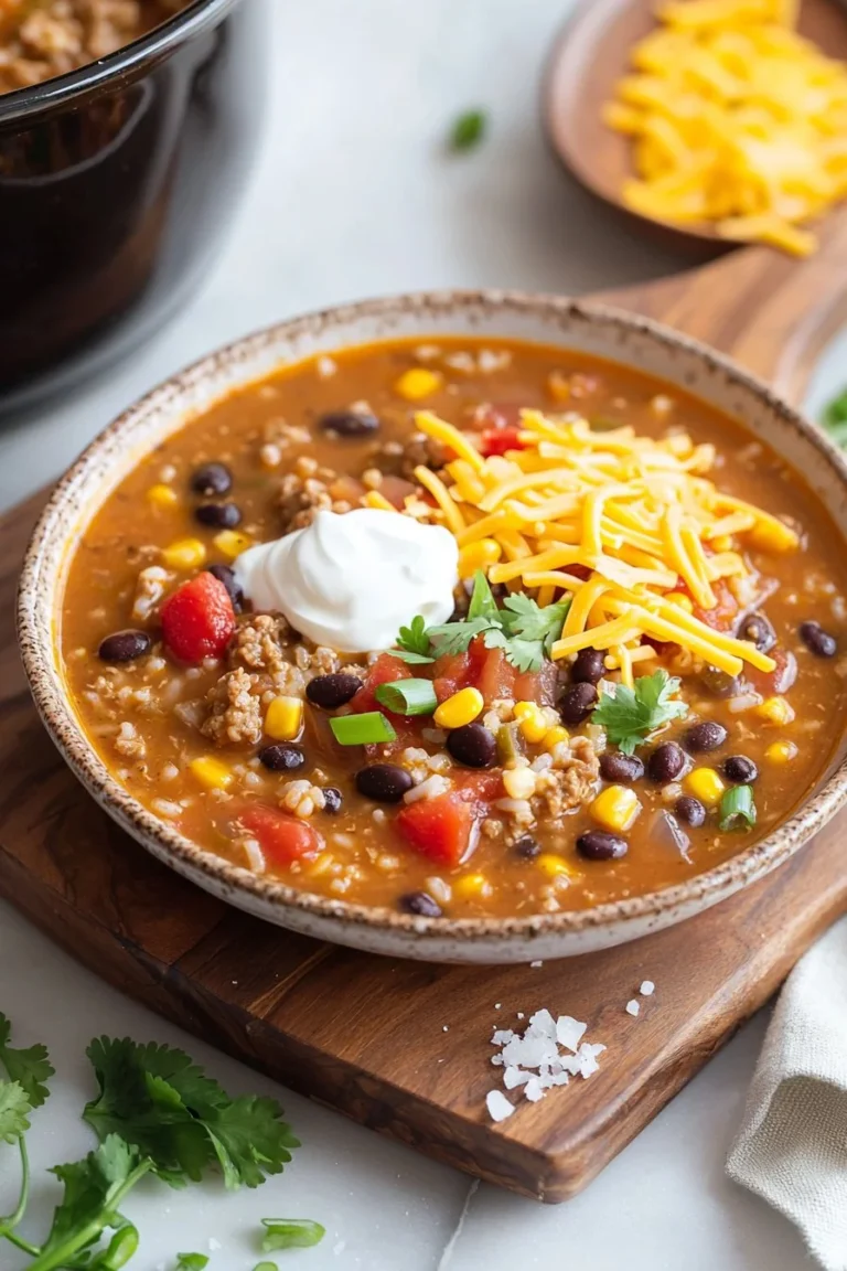 Crockpot Taco-Reis-Suppe in einer Schüssel mit frischen Zutaten