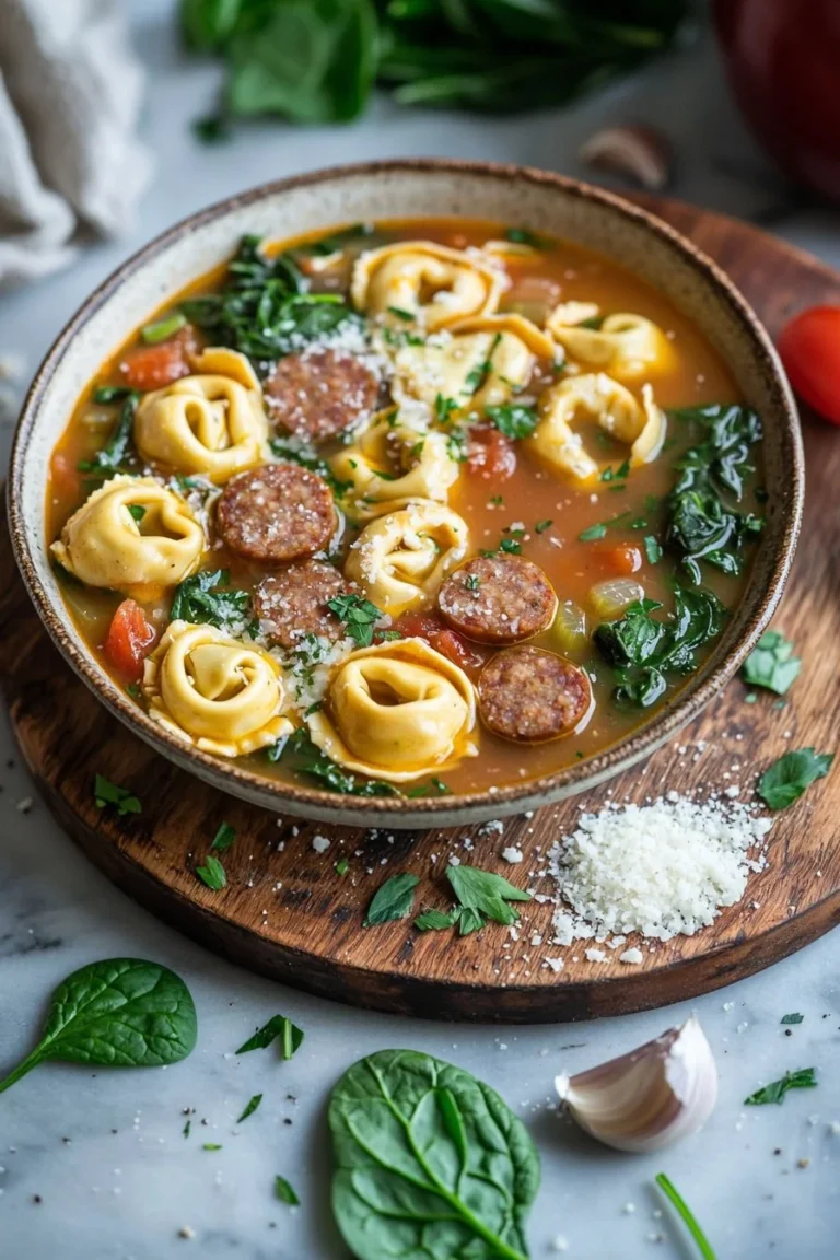 Crockpot Tortellini-Suppe mit Wurst in einer Schüssel serviert
