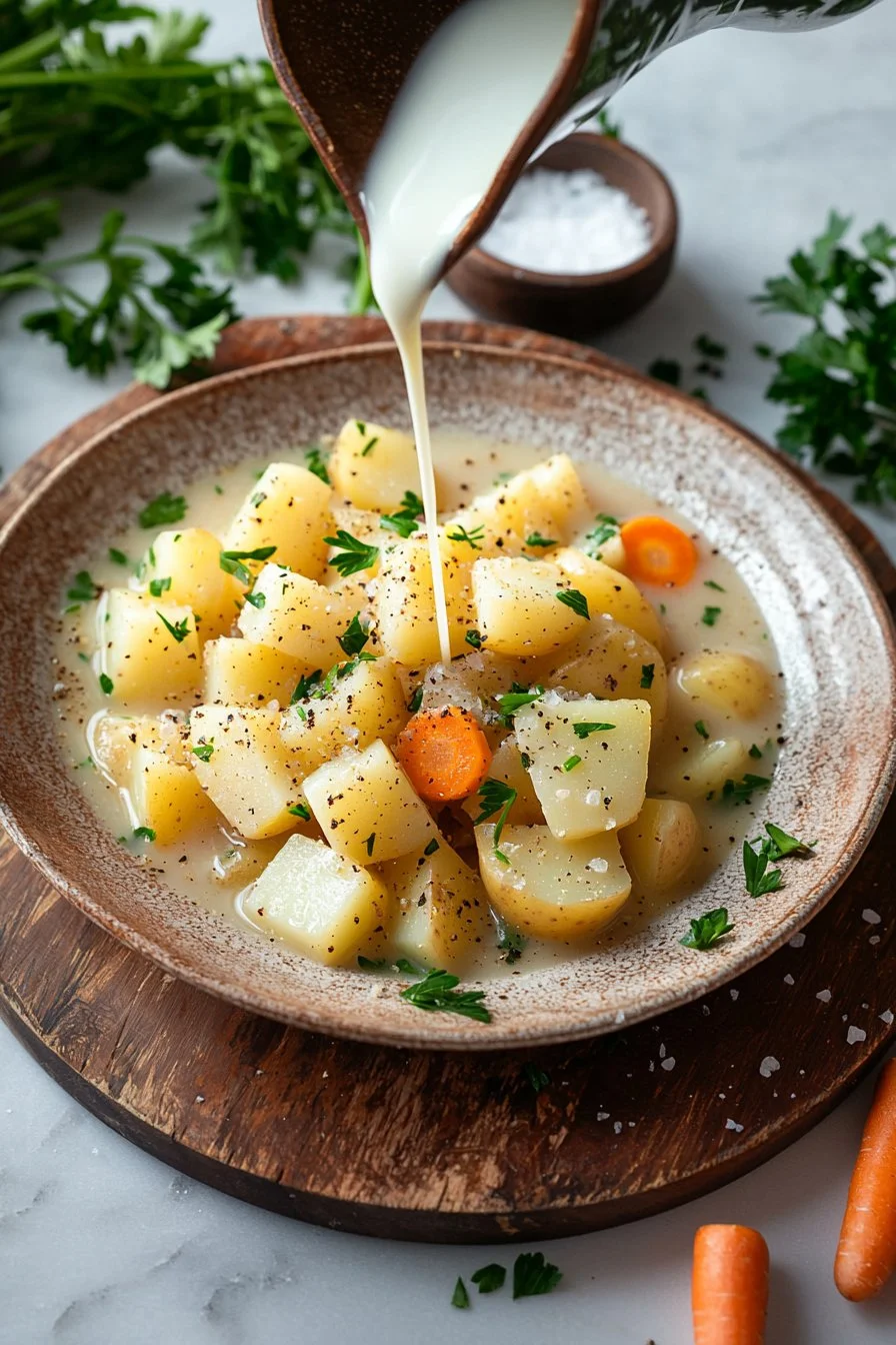 Eine Schüssel mit der besten vegetarischen Kartoffelsuppe, garniert mit frischen Kräutern.