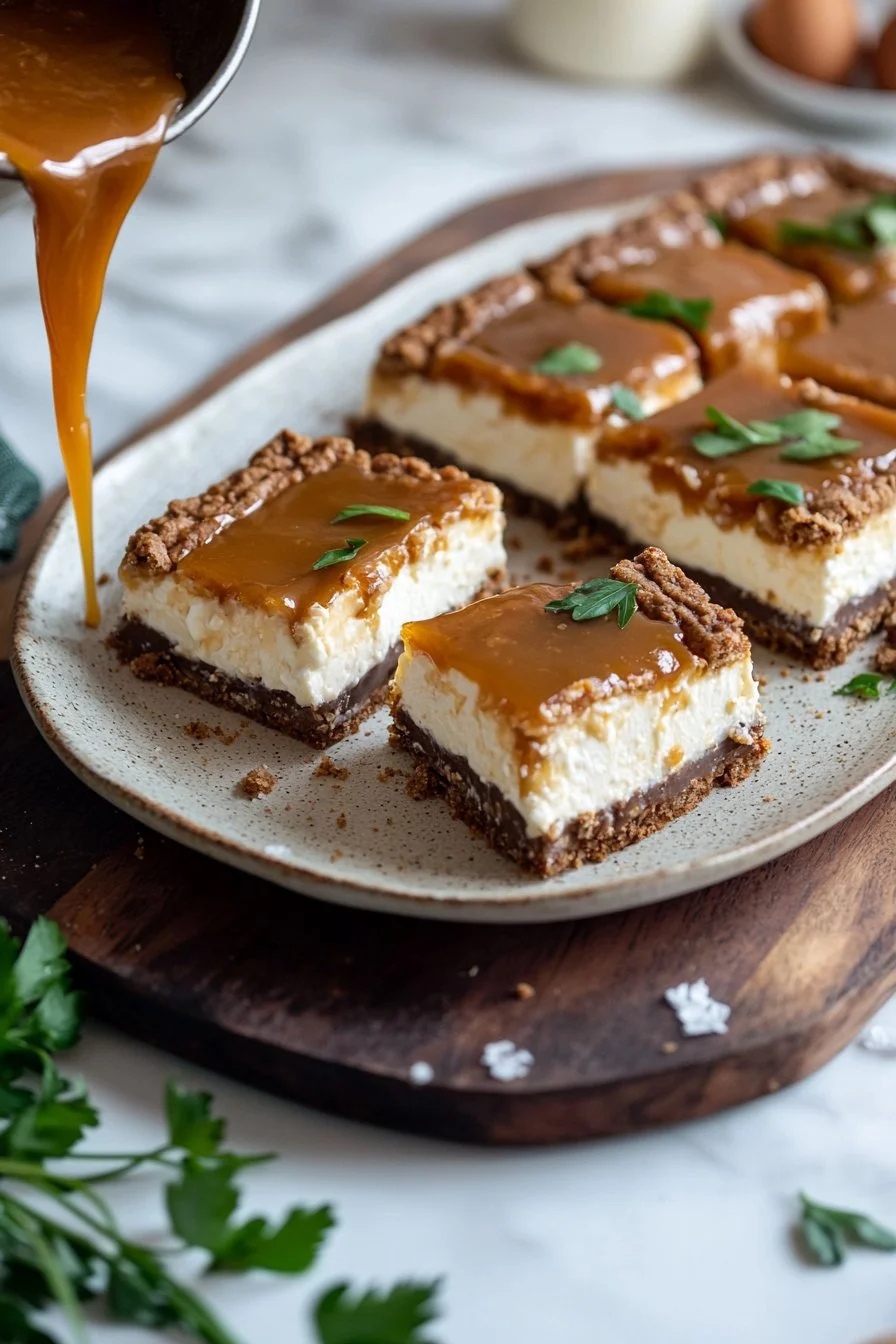 Leckere Dulce de Leche Käsekuchen Riegel auf einem Teller serviert