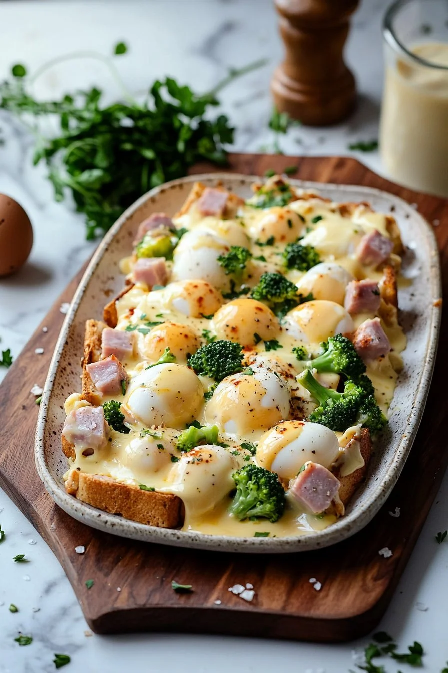 Ein leckerer Eier Benedict Auflauf auf einem Teller, ideal für Frühstück oder Brunch.